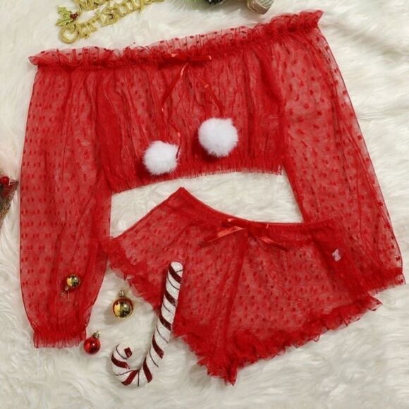 Red Lace Off Shoulder Lingerie Set - Picture 1 of 4